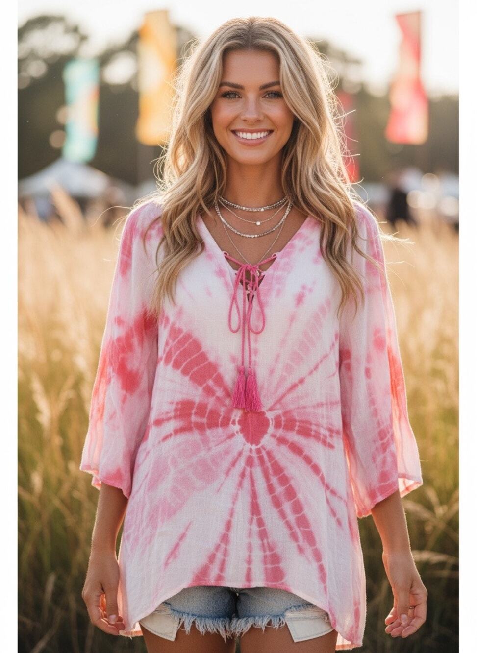 Unique Spectrum Pink Tie‑Dye Rayon Lace‑Up Blouse